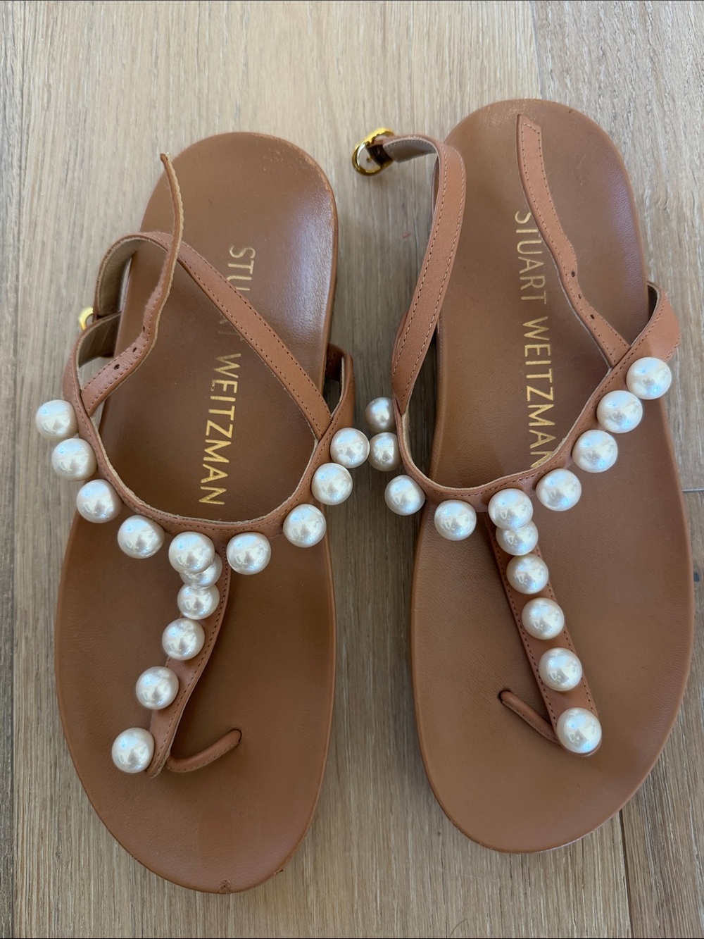 Stuart Weitzman Tan Pearl-Embellished T-Strap Sandals - Picture 2 of 4